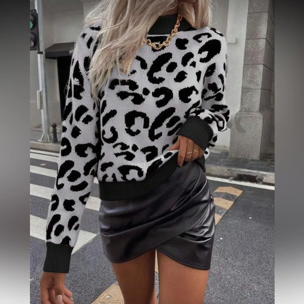 Leopard Print Sweater with Gray Accents